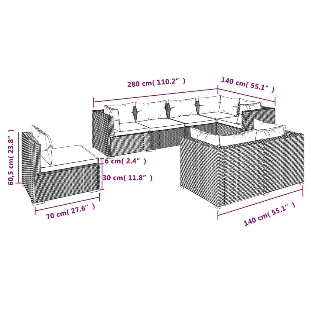 8 Piece Garden Lounge Set with Cushions Poly Rattan Brown