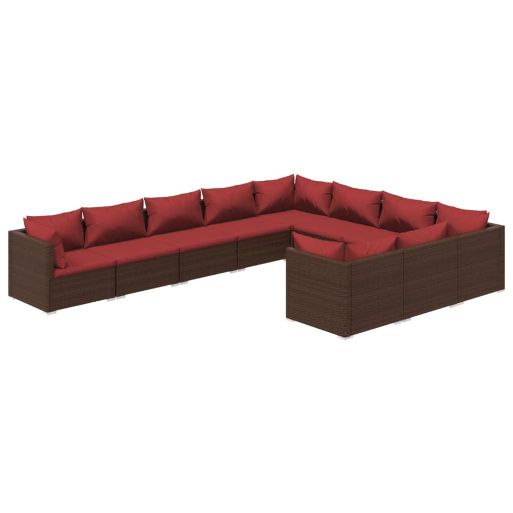 10 Piece Garden Lounge Set with Cushions Poly Rattan Brown