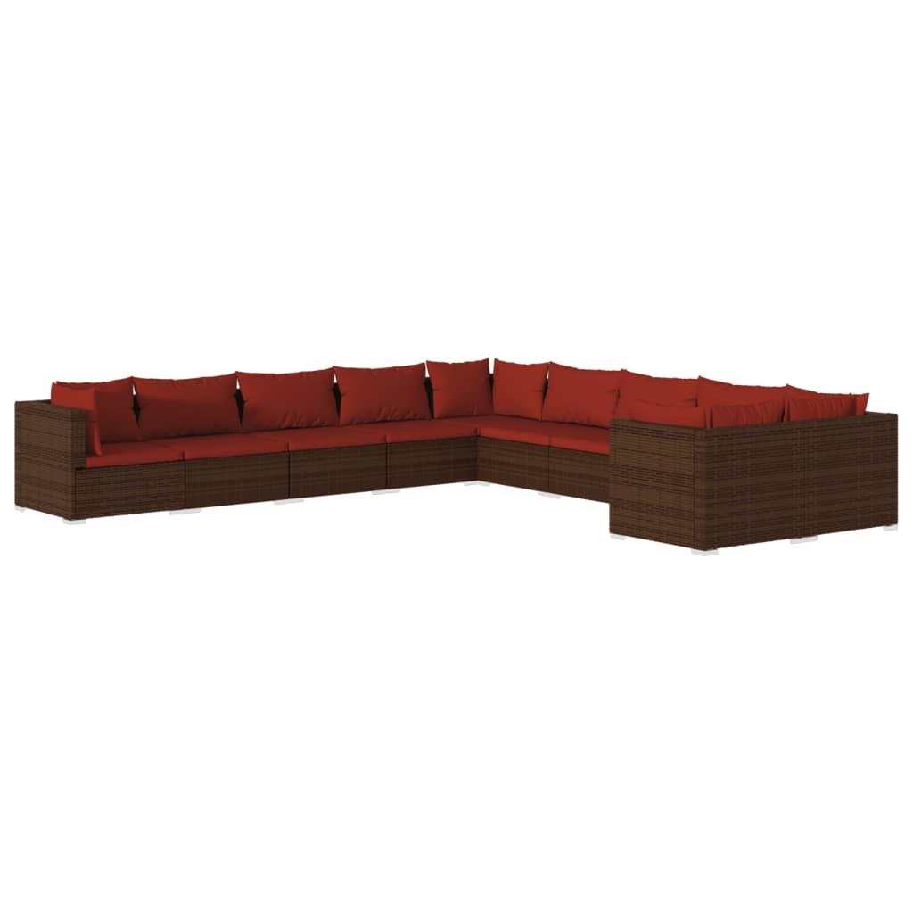10 Piece Garden Lounge Set with Cushions Poly Rattan Brown