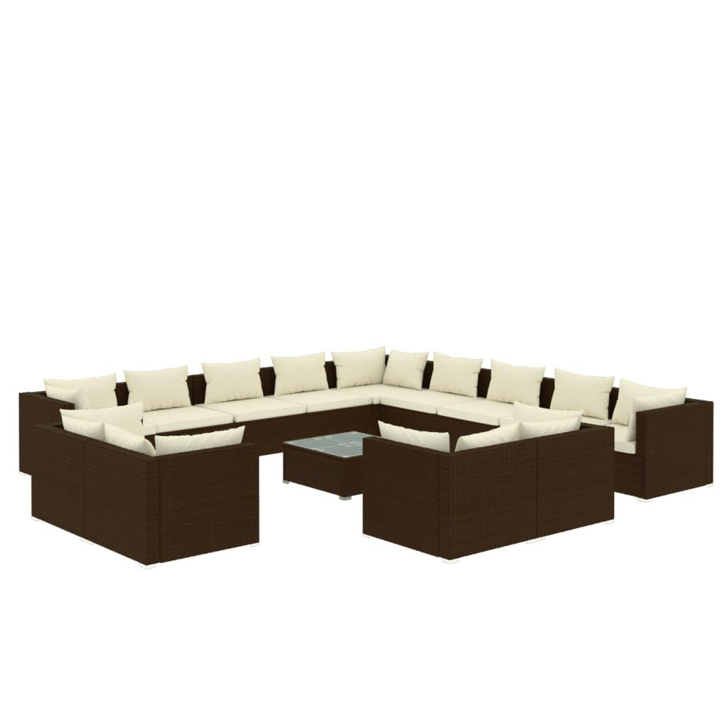 14 Piece Garden Lounge Set with Cushions Brown Poly Rattan