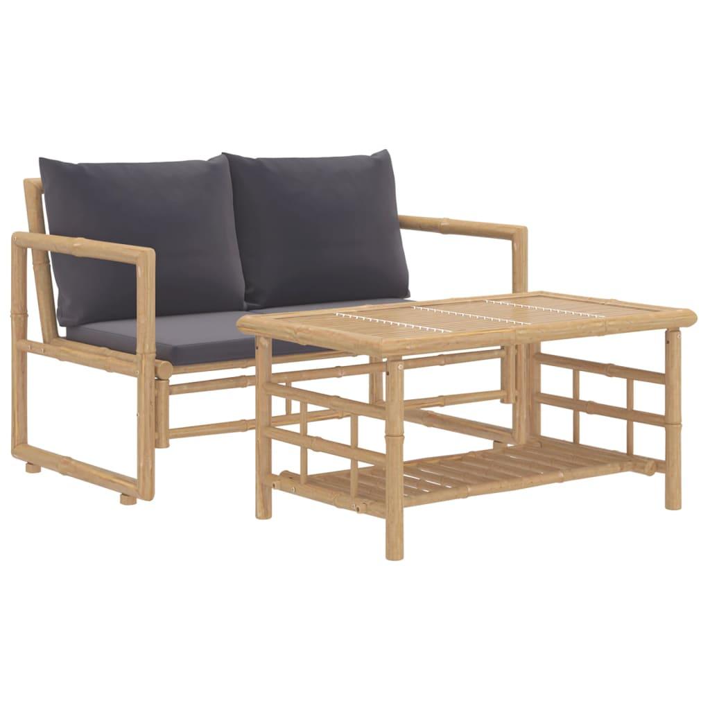2 Piece Garden Lounge Set with Dark Grey Cushions Bamboo
