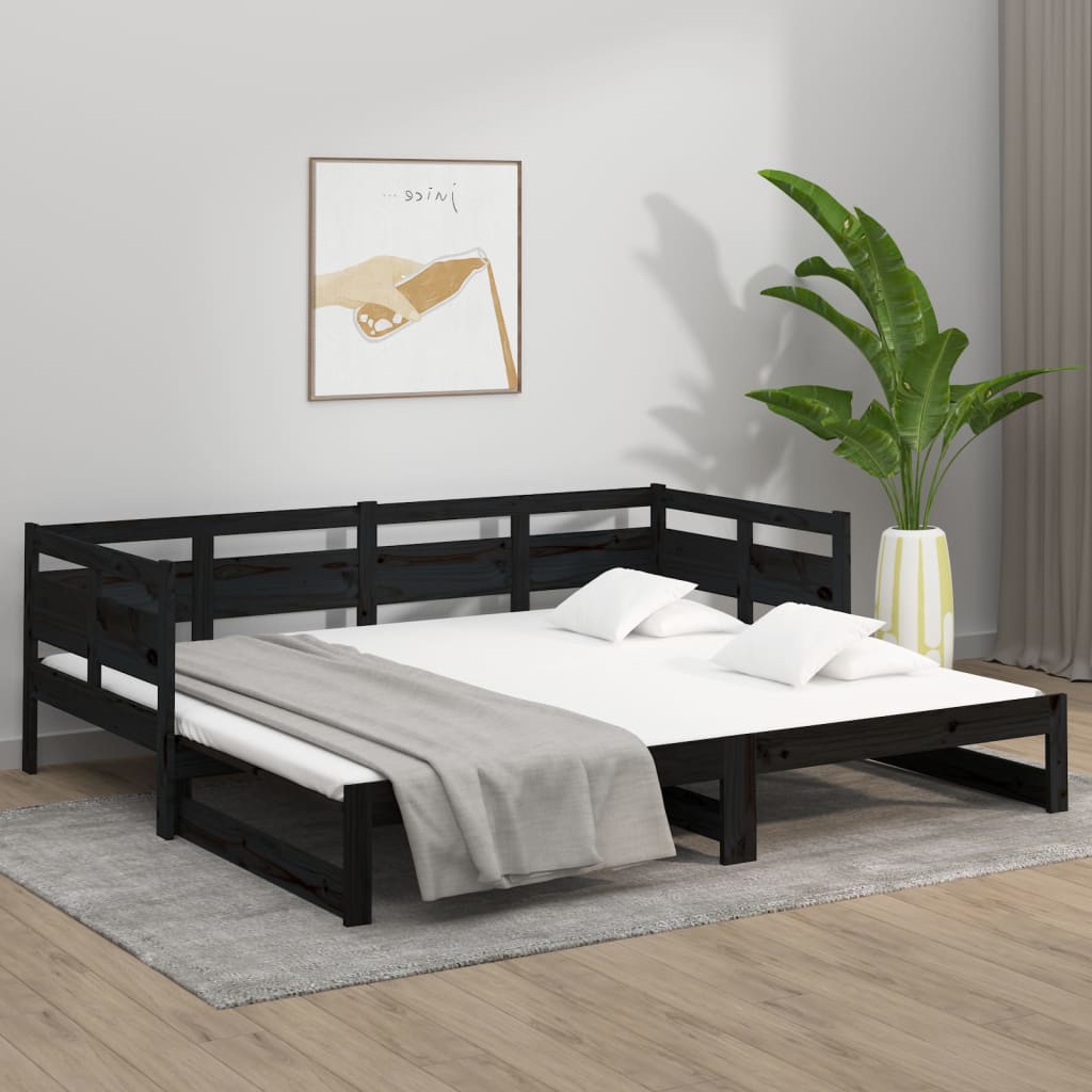 Pull-out Day Bed Black Solid Wood Pine 2x(92x187) cm Single Size