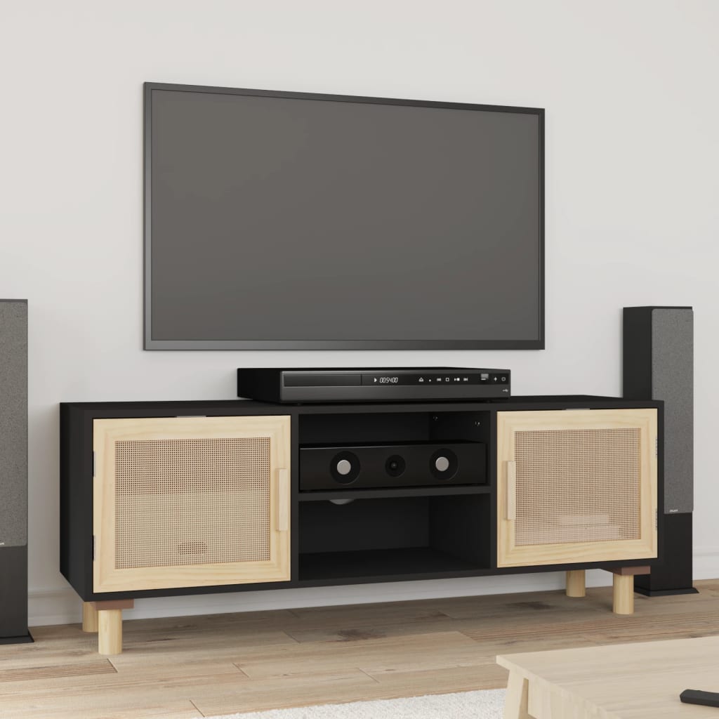 TV Cabinet Black 105x30x40 cm Solid Wood Pine&amp;Natural Rattan