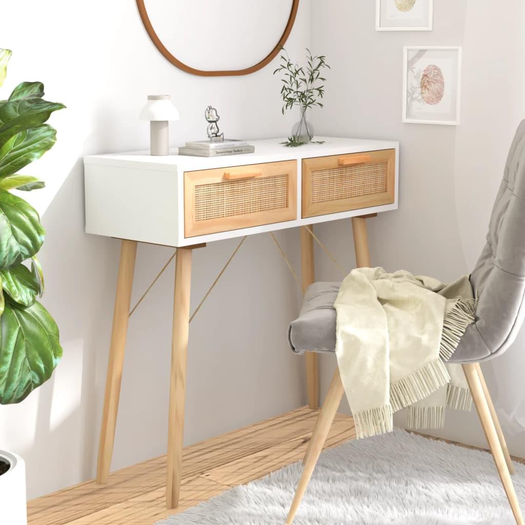 Console Table White 80x30x75 cm Solid Wood Pine&amp;Natural Rattan