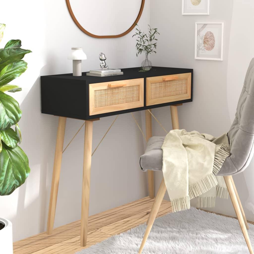 Console Table Black 80x30x75 cm Solid Wood Pine&amp;Natural Rattan