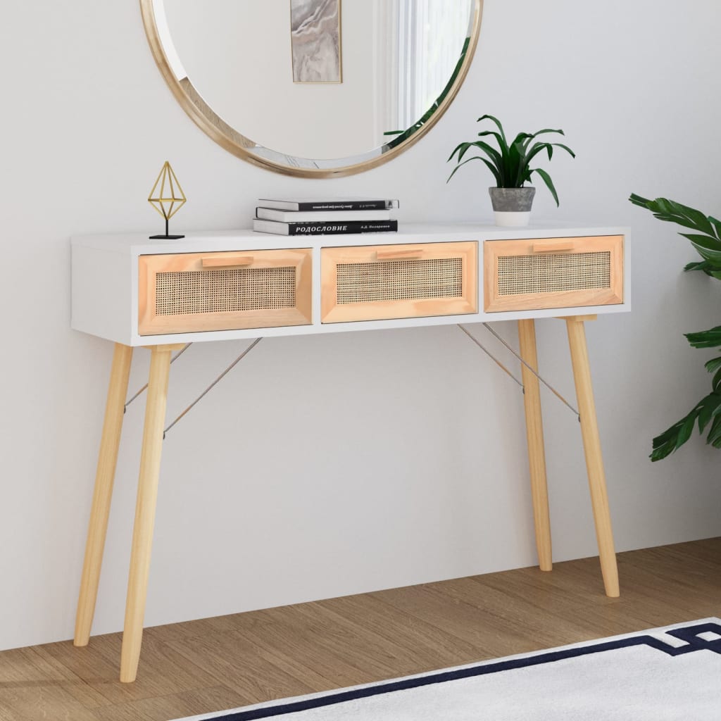 Console Table White 105x30x75 cm Solid Wood Pine&amp;Natural Rattan