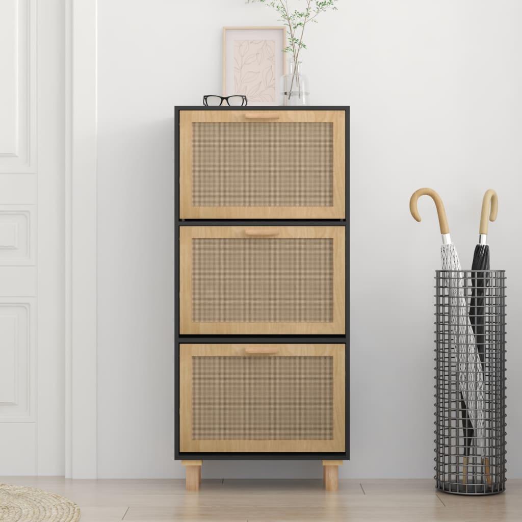 Shoe Cabinet Black 52x25x115 cm Engineered Wood and Natural Rattan