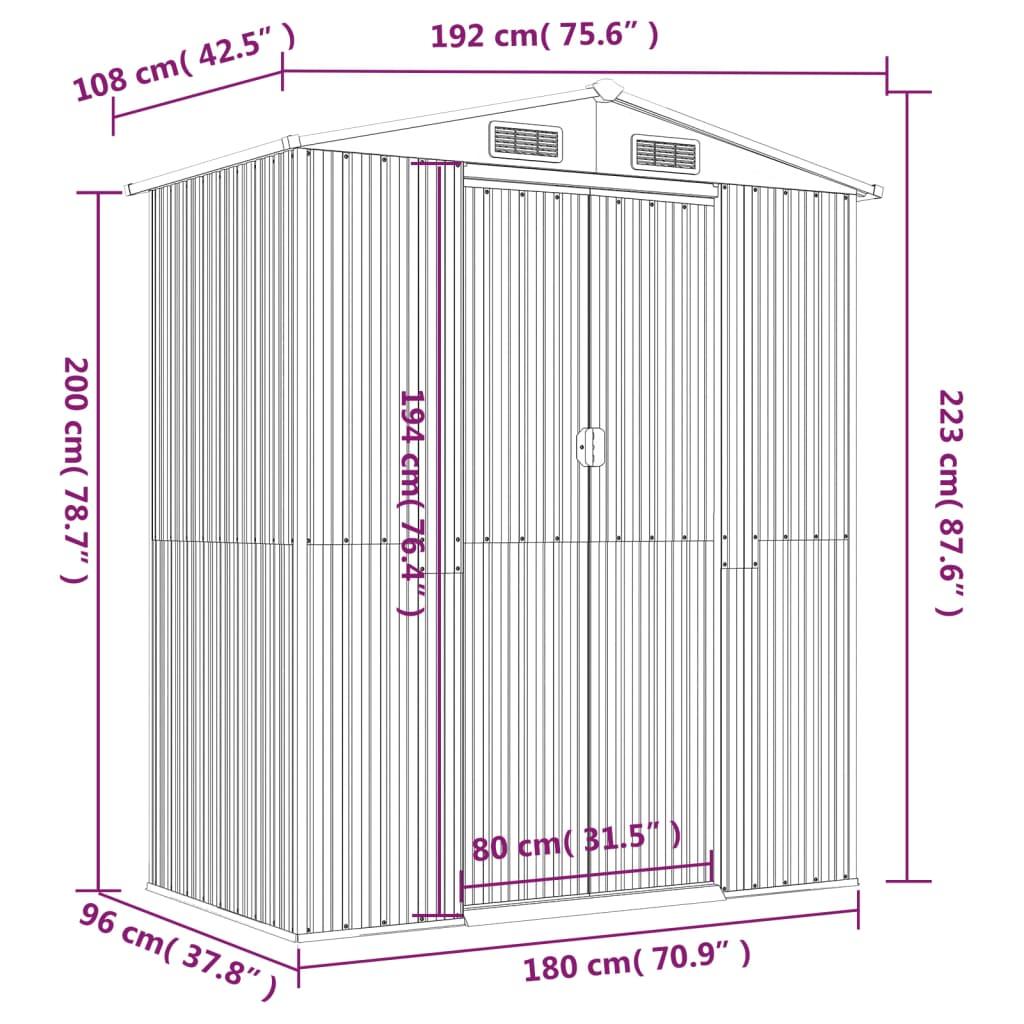 Garden Shed Light Grey 192x108x223 cm Galvanised Steel
