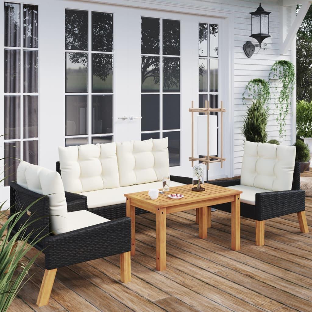 4 Piece Garden Lounge Set with Cushions Poly Rattan&amp;Solid Wood
