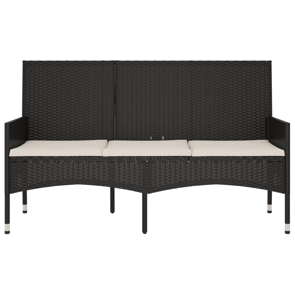 3-Seater Garden Bench with Cushions Black Poly Rattan