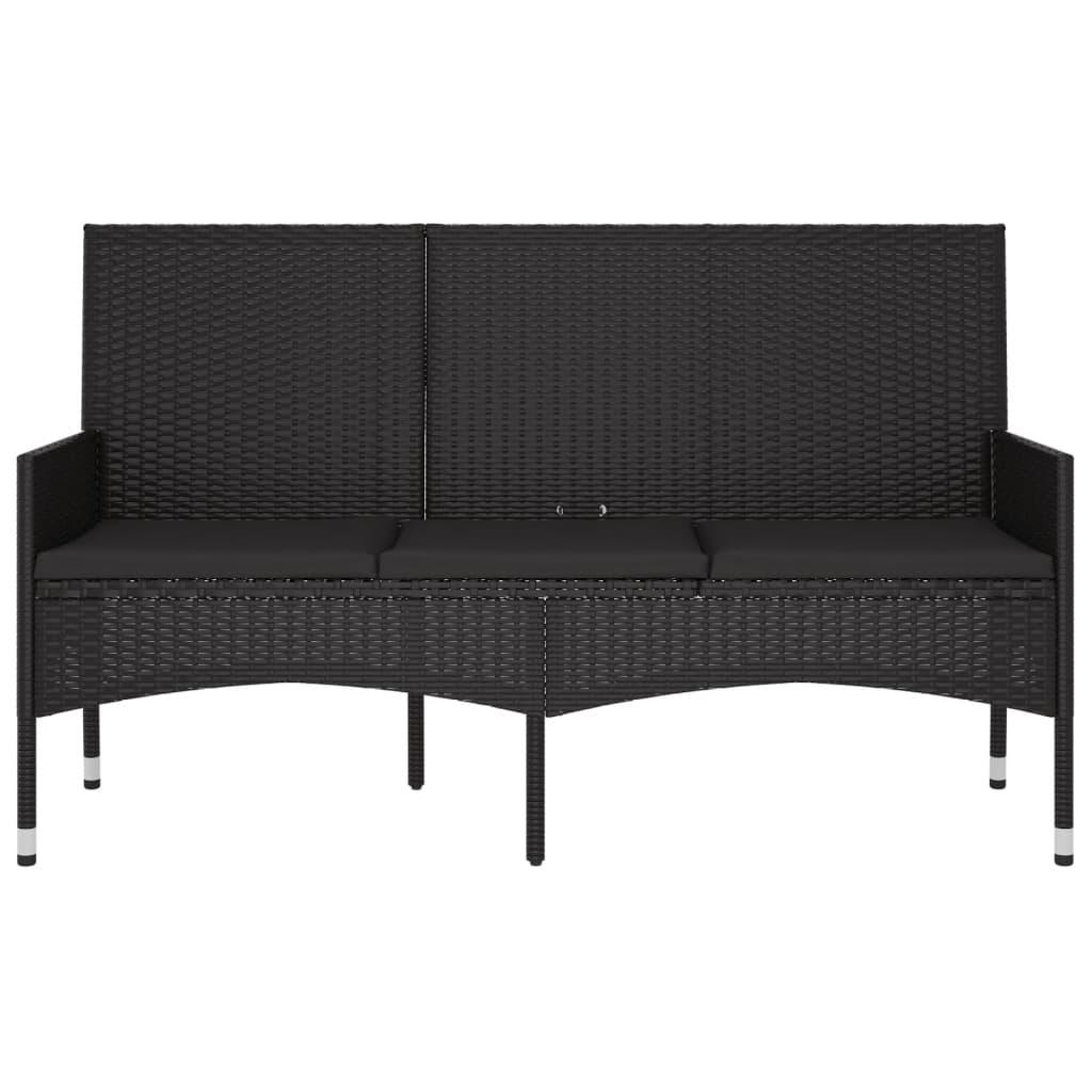 3-Seater Garden Bench with Cushions Black Poly Rattan
