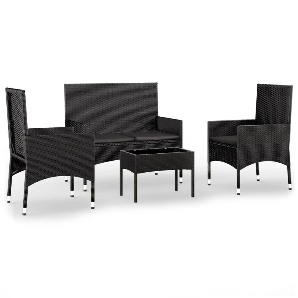 4 Piece Garden Lounge Set with Cushions Black Poly Rattan