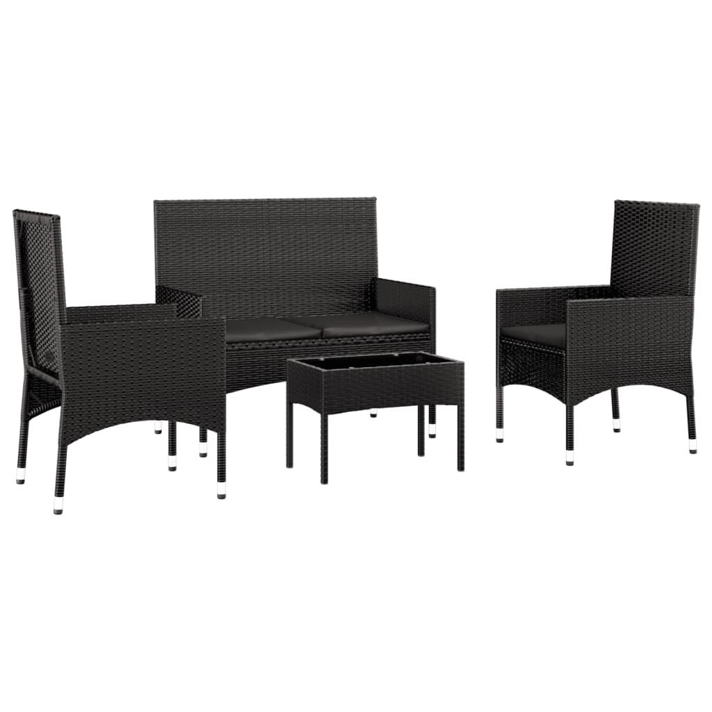 4 Piece Garden Lounge Set with Cushions Black Poly Rattan