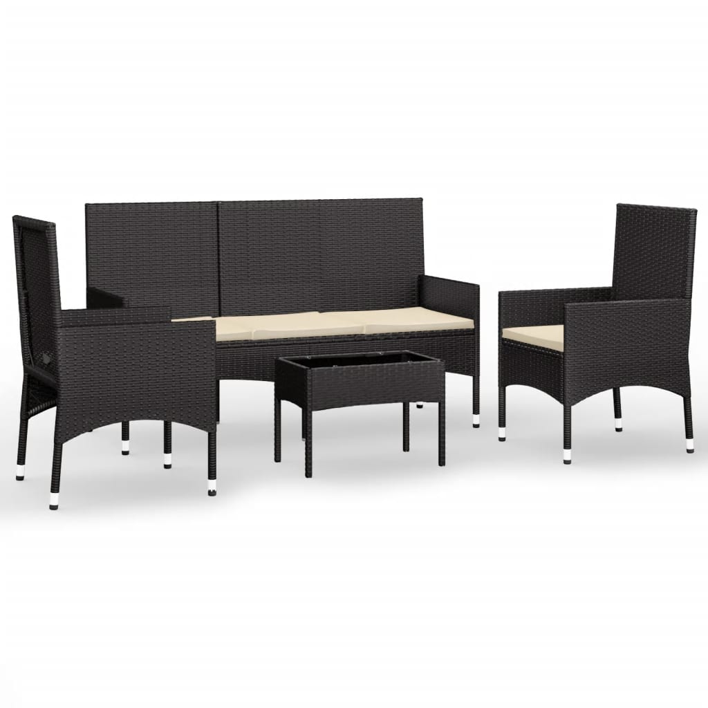 4 Piece Garden Lounge Set with Cushions Black Poly Rattan