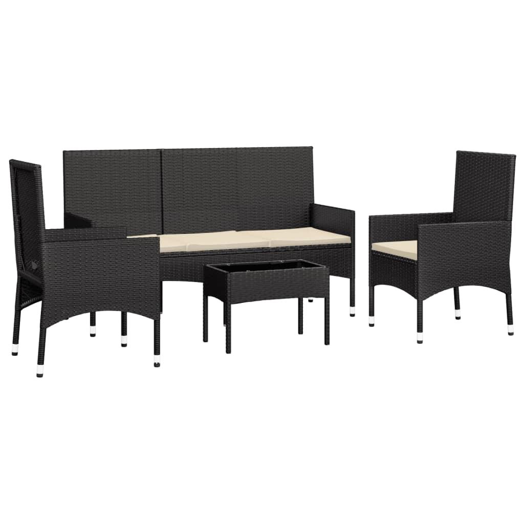 4 Piece Garden Lounge Set with Cushions Black Poly Rattan