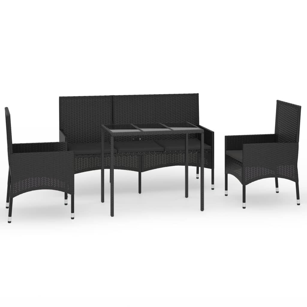 4 Piece Garden Lounge Set with Cushions Black Poly Rattan