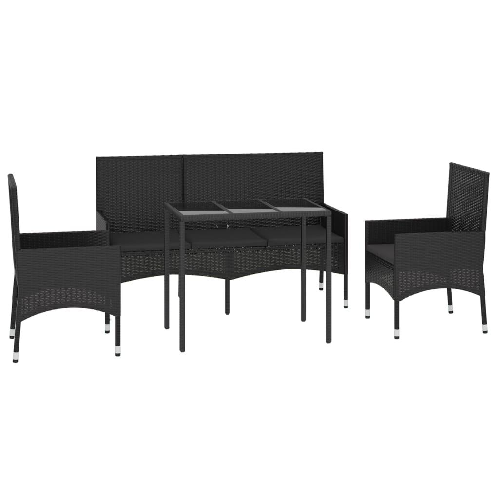 4 Piece Garden Lounge Set with Cushions Black Poly Rattan