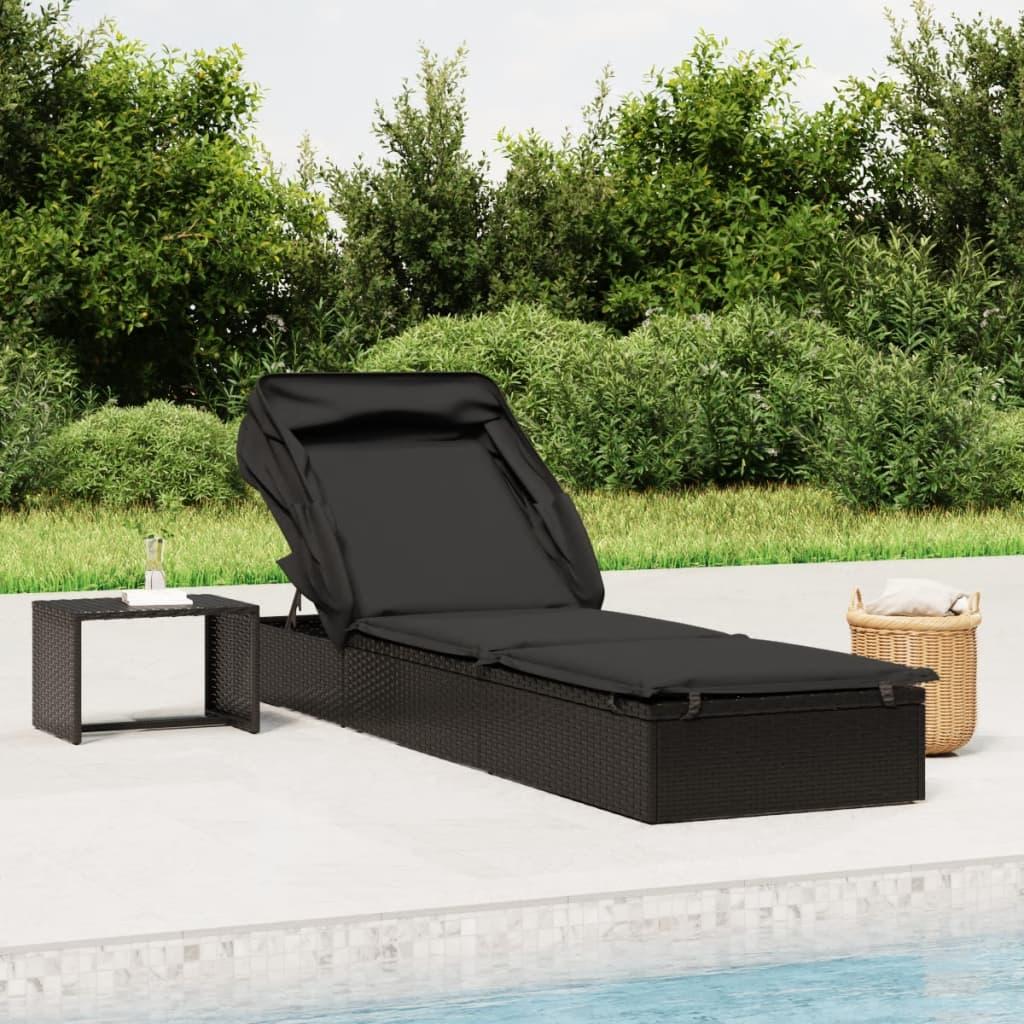 Sunbed with Foldable Roof Black 213x63x97 cm Poly Rattan