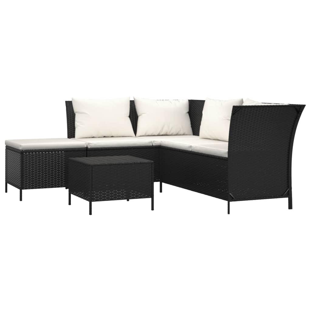 4 Piece Garden Lounge Set with Cushions Black Poly Rattan