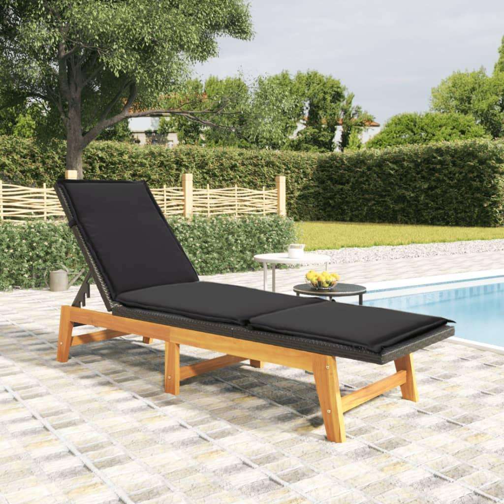 Sun Lounger with Cushion Poly Rattan&amp;Solid Wood Acacia