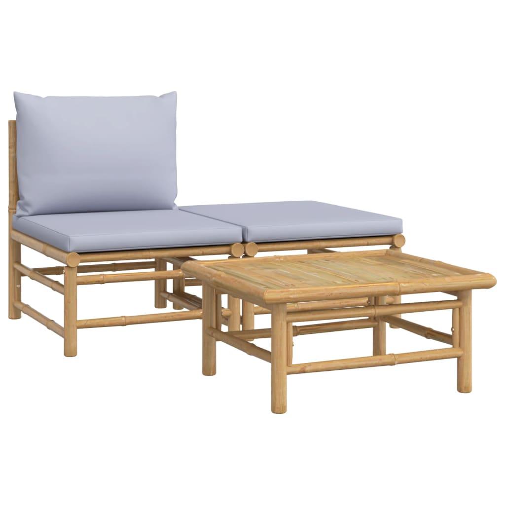 3 Piece Garden Lounge Set with Light Grey Cushions Bamboo