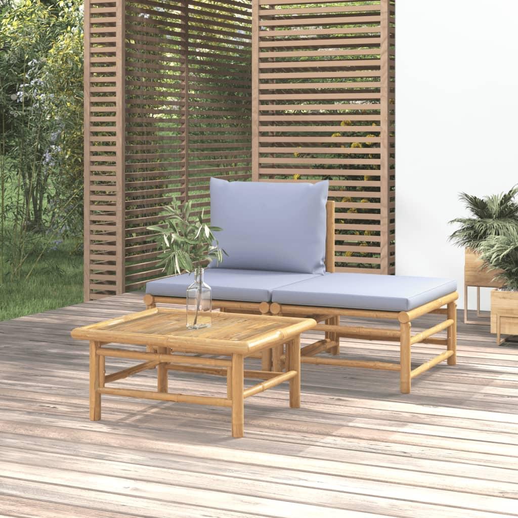 3 Piece Garden Lounge Set with Light Grey Cushions Bamboo