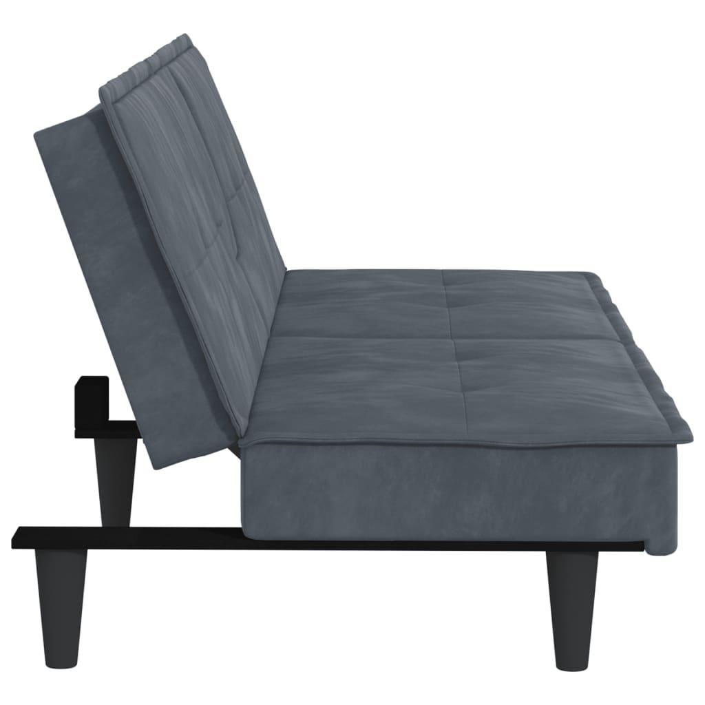 Sofa Bed with Cup Holders Dark Grey Velvet
