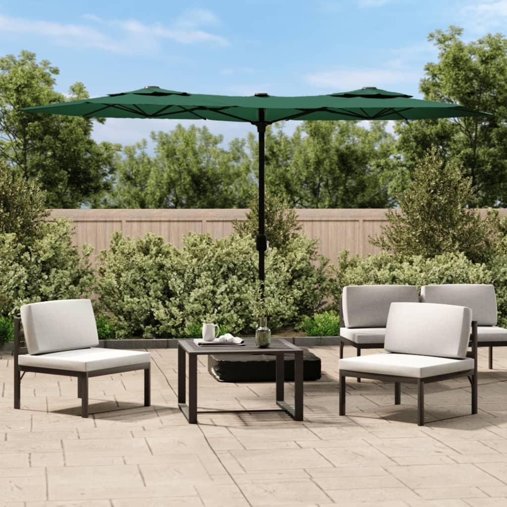 Double-Head Garden Parasol with LEDs Green 316x145 cm