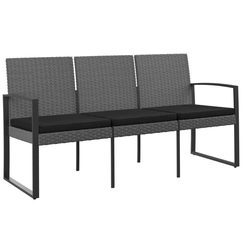 3-Seater Garden Bench with Cushions Dark Grey PP Rattan