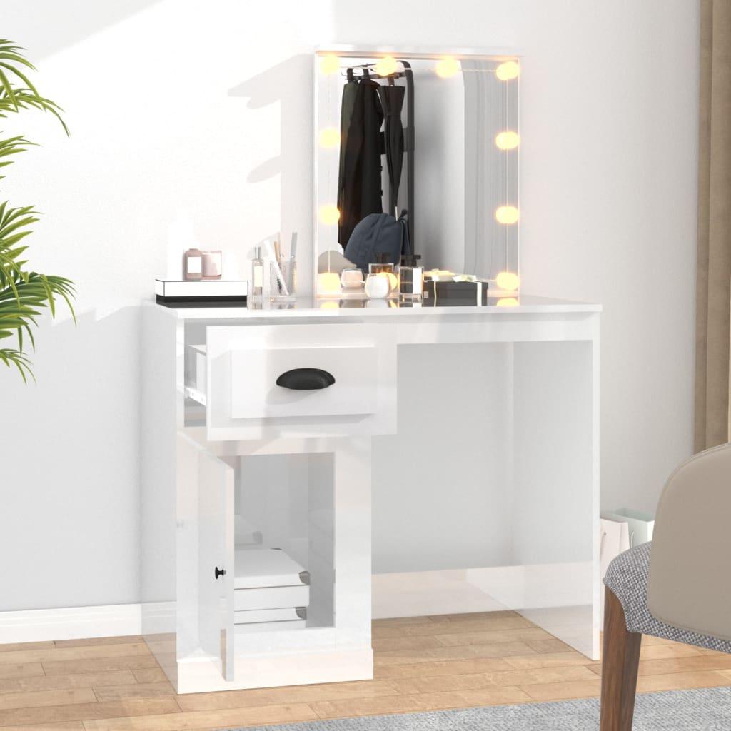 Dressing Table with LED High Gloss White 90x50x132.5 cm Engineered Wood