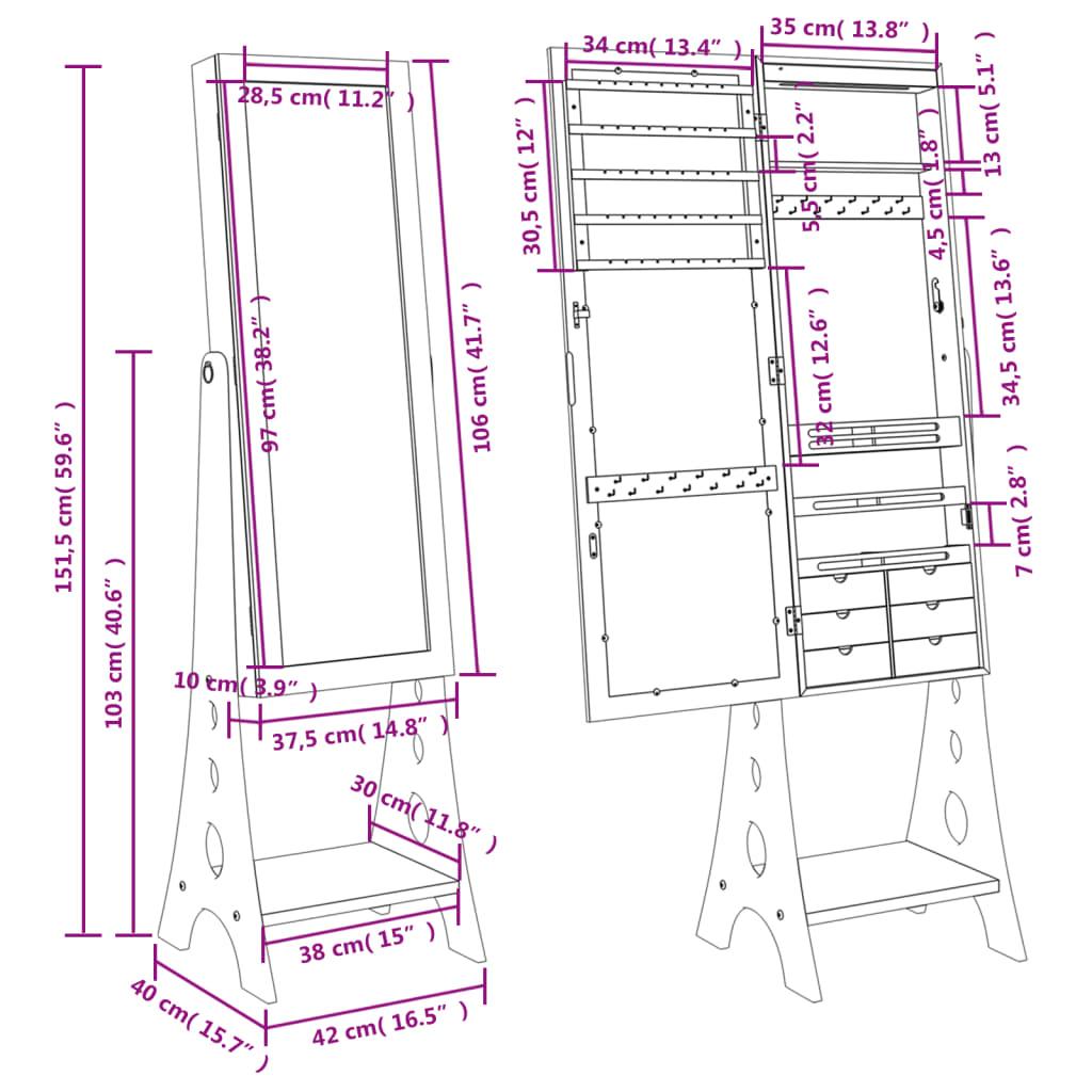 Mirror Jewellery Cabinet with LED Lights Free Standing White