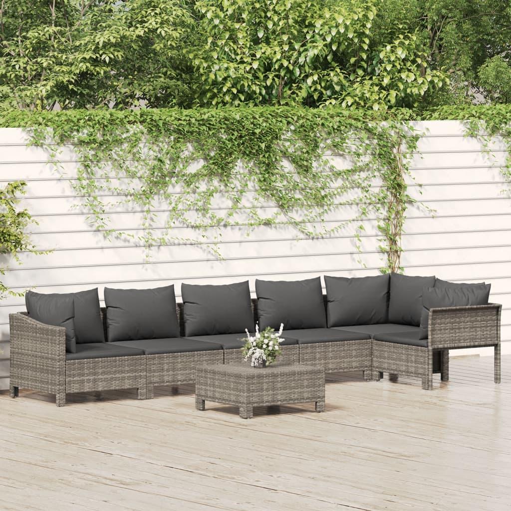 7 Piece Garden Lounge Set with Cushions Grey Poly Rattan