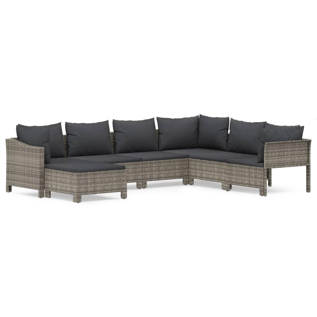 7 Piece Garden Lounge Set with Cushions Grey Poly Rattan