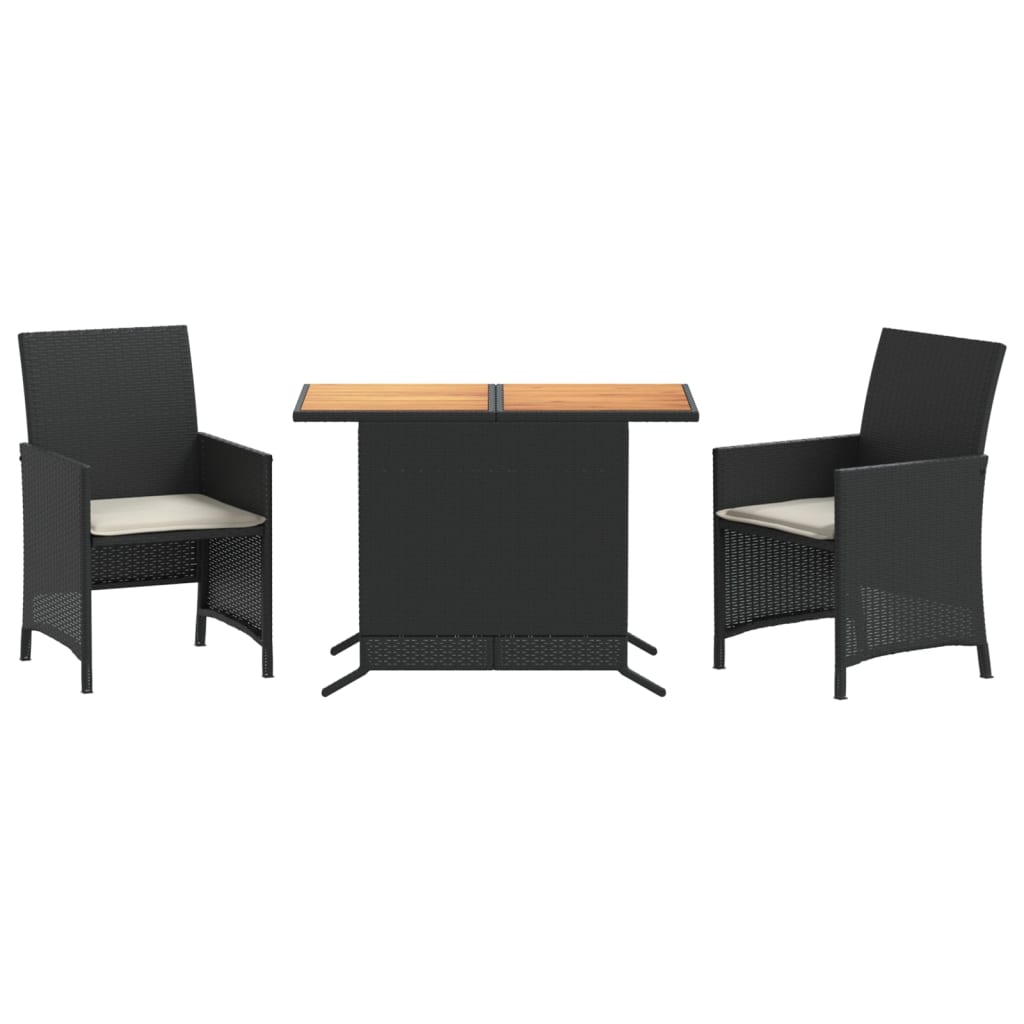 3 Piece Bistro Set with Cushions Black Poly Rattan