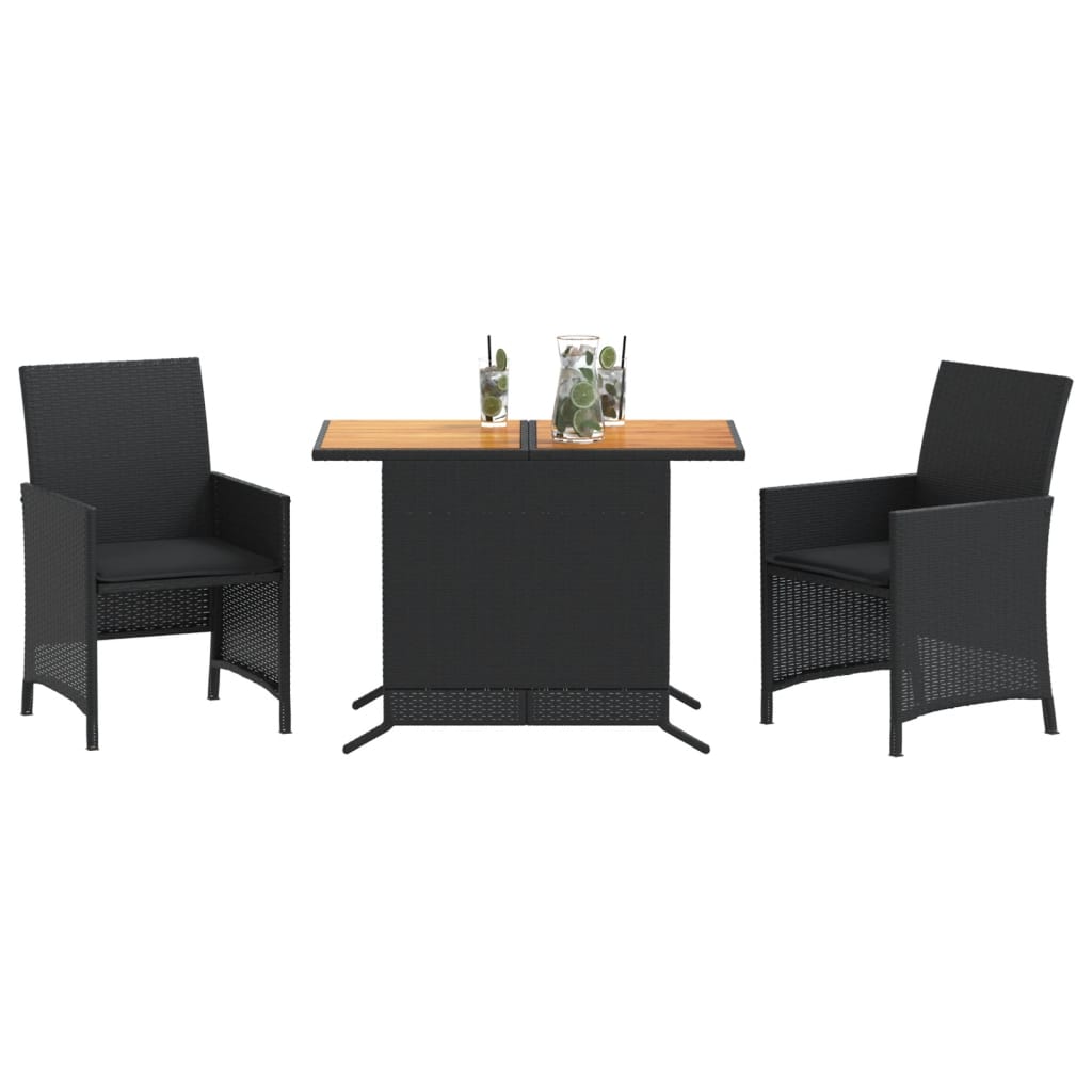 3 Piece Bistro Set with Cushions Black Poly Rattan