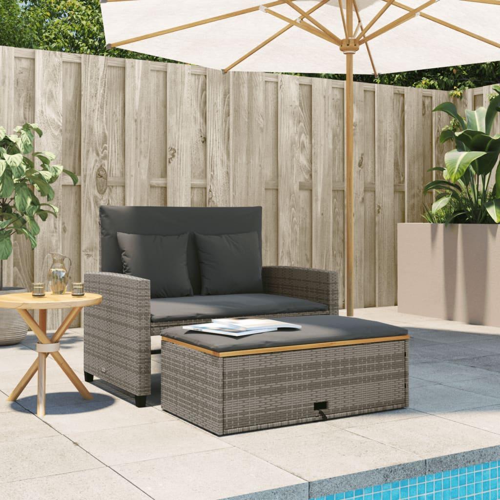 Garden Sofa with Cushions 2-Seater Grey Poly Rattan&Acacia Wood