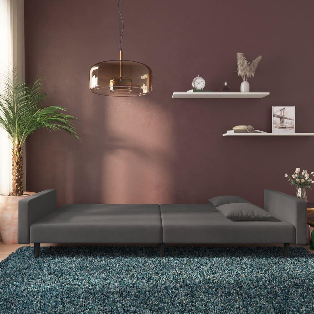 2-Seater Sofa Bed with Two Pillows Dark Grey Velvet
