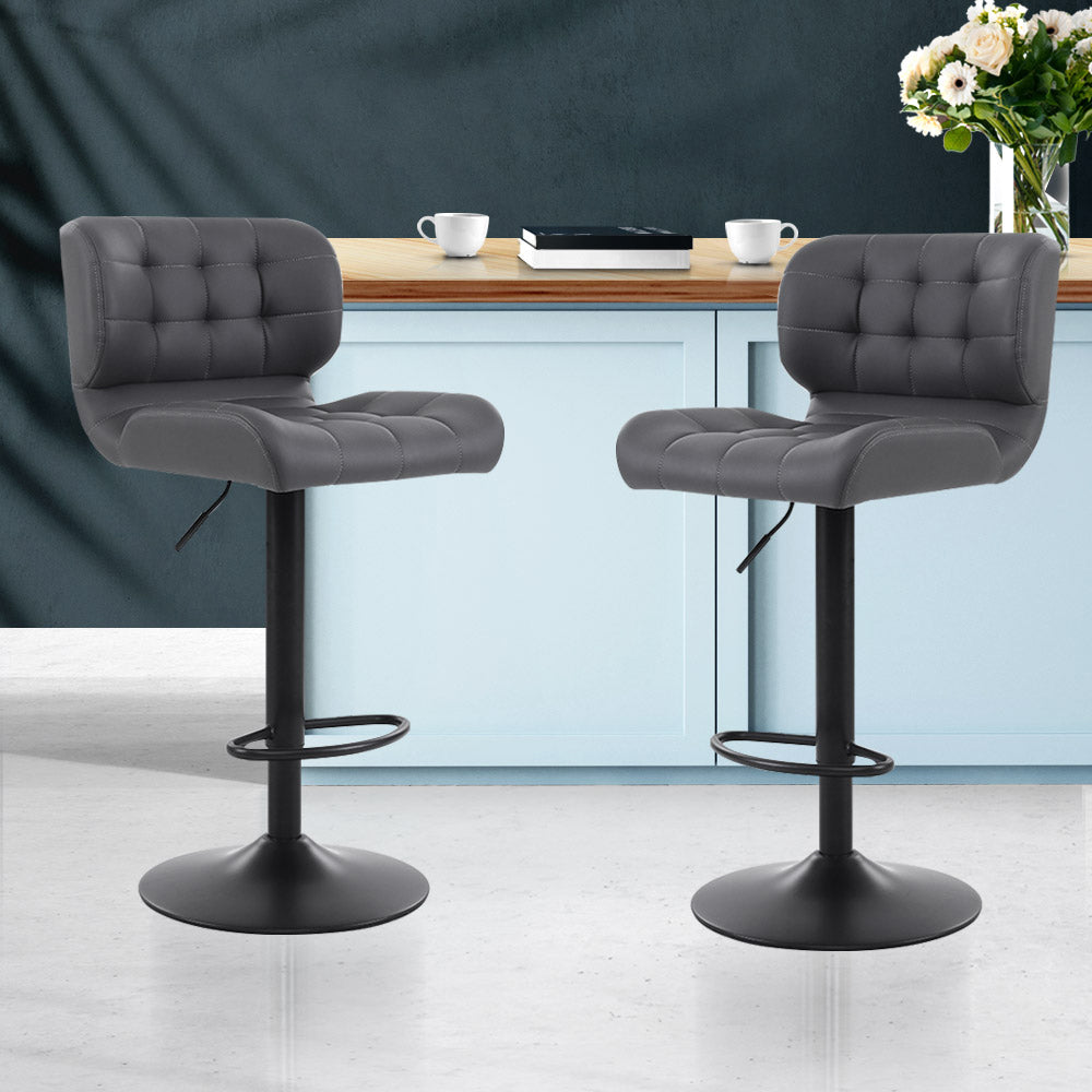 Artiss Set of 2 Kitchen Bar Stools Gas Lift Plush PU Leather - Black and Grey