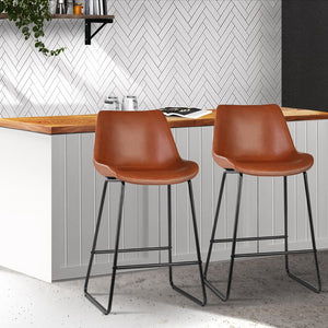 Artiss Set of 2 Bar Stools Kitchen Metal Bar Stool Dining Chairs PU Leather Brown
