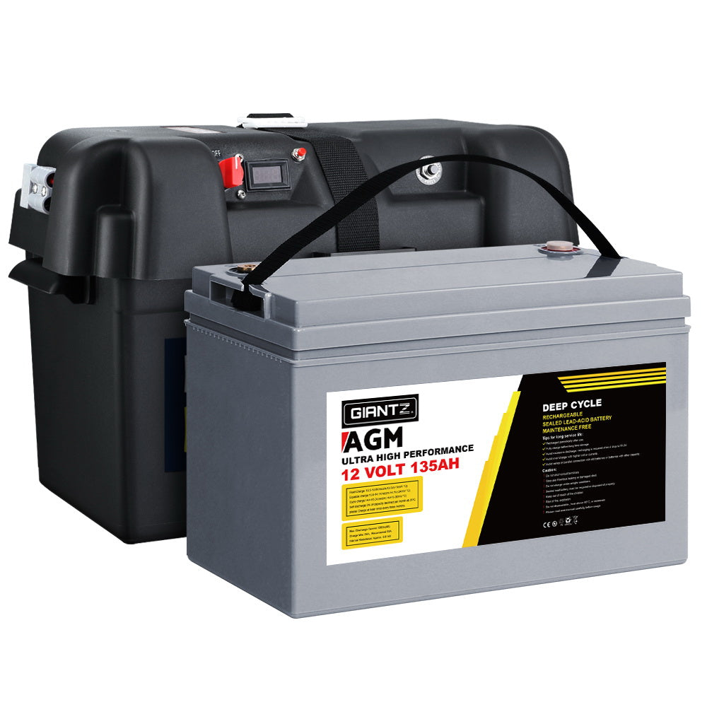 Giantz 135Ah Deep Cycle Battery &amp; Battery Box 12V AGM Marine Sealed Power Solar Caravan 4WD Camping