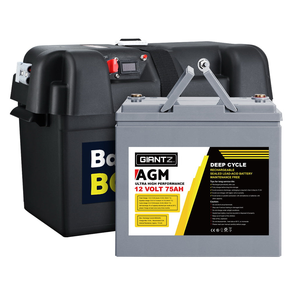 Giantz 75Ah Deep Cycle Battery &amp; Battery Box 12V AGM Marine Sealed Power Solar Caravan 4WD Camping