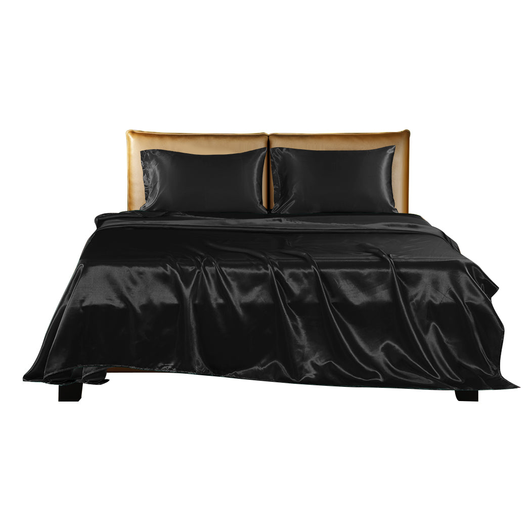 DreamZ Silky Satin Sheets Fitted Flat Bed Sheet Pillowcases Summer Double Black