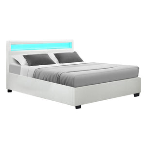 Artiss Cole LED Bed Frame PU Leather Gas Lift Storage - White Queen