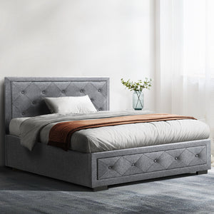 Artiss Tiyo Bed Frame Fabric Gas Lift Storage - Grey Queen