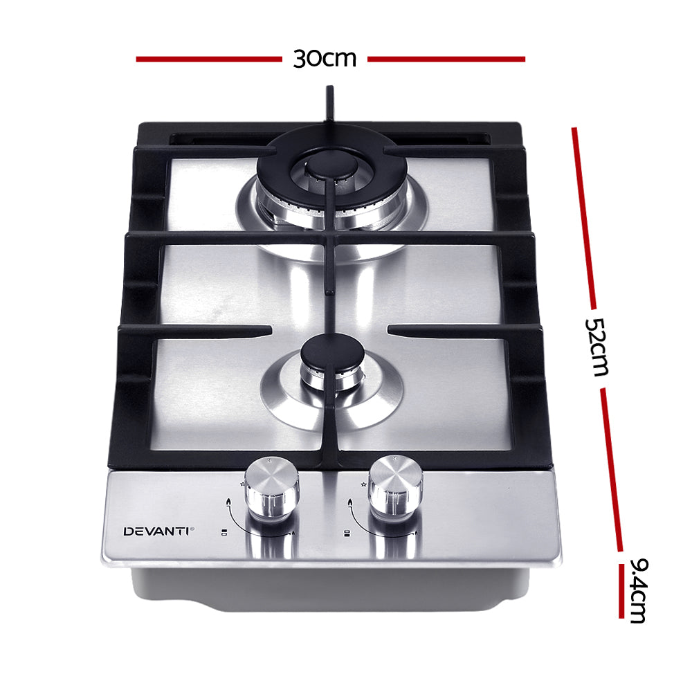 Devanti Gas Cooktop 30cm Gas Stove Cooker 2 Burner Cook Top Konbs NG LPG Steel