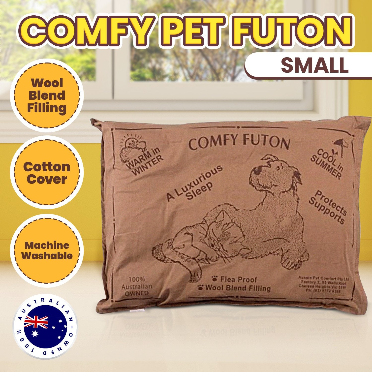 Aussie Made Comfy Pet Futon Dog 74cm Wool Blend Small - Brown