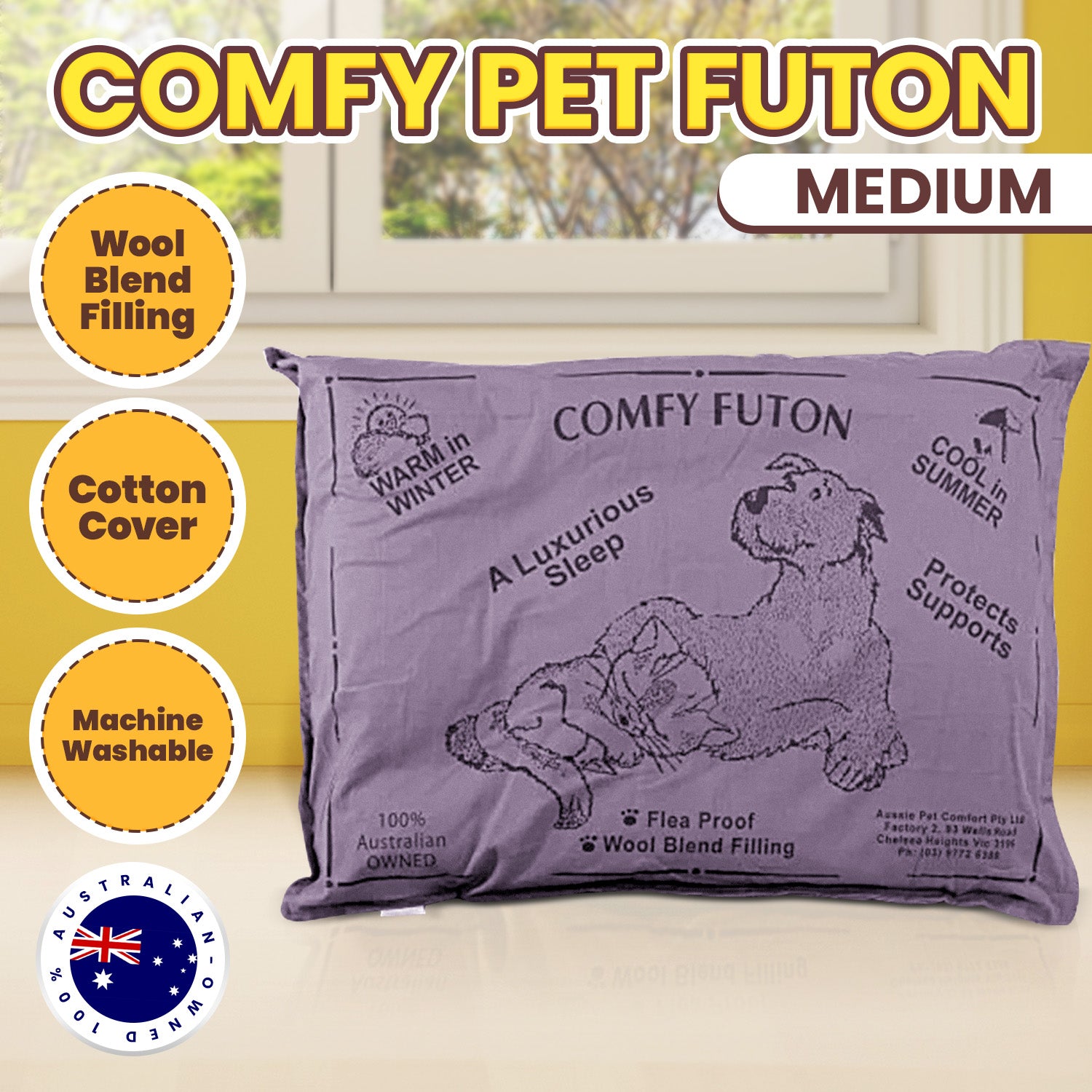 Aussie Made Comfy Pet Futon Dog 90cm Wool Blend Medium - Dusk