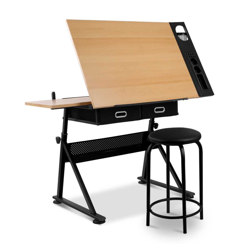 Artiss Tilt Drafting Table Stool Set - Natural &amp; Black