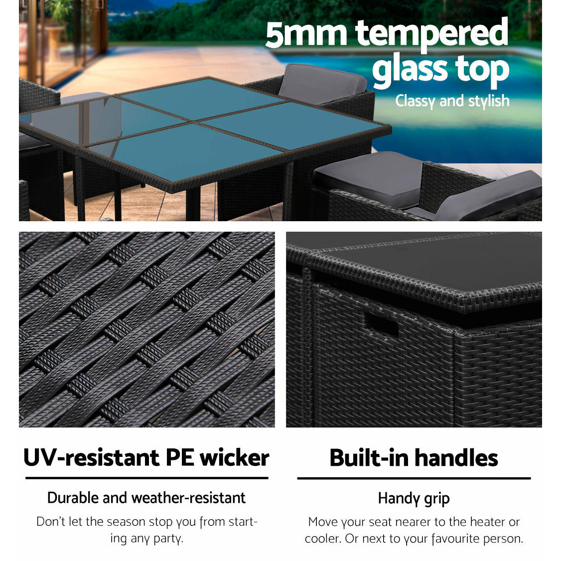 Gardeon 9 Piece Wicker Outdoor Dining Set - Black & Grey