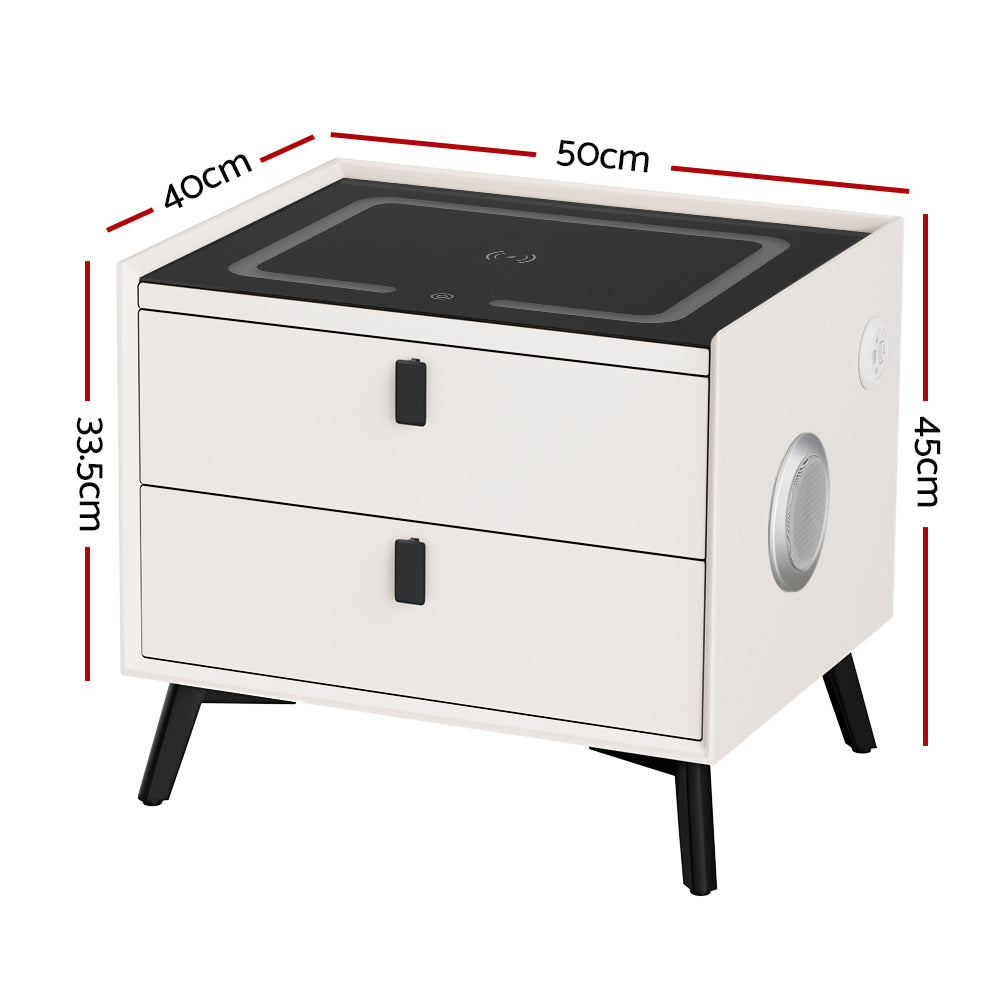 Artiss Smart Bedside Table 2 Drawers with Wireless Charging Ports LED Lights